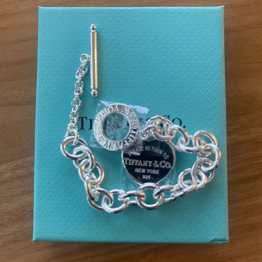 Heart Toggle Bracelet, Chain Link Lock Dog Tag Charm Pendant, Silver Tiffany Co